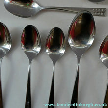 Load image into Gallery viewer, Vintage 1970s Stainless Steel SPANISH Cutlery by Ribera. Eight Dessert Spoons and One Large Serving Spoon Media 1 of 12
