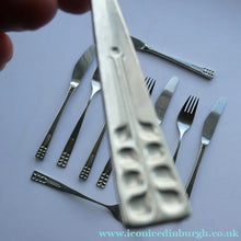 Load image into Gallery viewer, Vintage 1970s Stainless Steel SPANISH Cutlery by Ribera. Five Small Forks and Knives 
