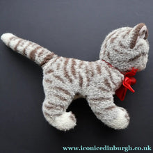 Load image into Gallery viewer, Vintage 1970s Steiff Plush Sissi Tabby Cat Toy with Button and Yellow Ribbon - Vintage Toys
