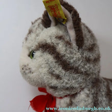 Load image into Gallery viewer, Vintage 1970s Steiff Plush Sissi Tabby Cat Toy with Button and Yellow Ribbon - Vintage Toys
