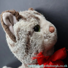 Load image into Gallery viewer, Vintage 1970s Steiff Plush Sissi Tabby Cat Toy with Button and Yellow Ribbon - Vintage Toys
