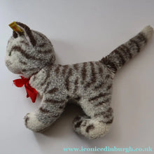 Load image into Gallery viewer, Vintage 1970s Steiff Plush Sissi Tabby Cat Toy with Button and Yellow Ribbon - Vintage Toys
