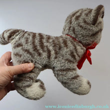 Load image into Gallery viewer, Vintage 1970s Steiff Plush Sissi Tabby Cat Toy with Button and Yellow Ribbon - Vintage Toys
