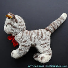 Load image into Gallery viewer, Vintage 1970s Steiff Plush Sissi Tabby Cat Toy with Button and Yellow Ribbon - Vintage Toys
