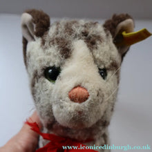 Load image into Gallery viewer, Vintage 1970s Steiff Plush Sissi Tabby Cat Toy with Button and Yellow Ribbon - Vintage Toys
