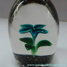 Load image into Gallery viewer, Vintage Strathearn Paperweight with Delicate Upright Pale Blue flower. Remnants of paper label &amp; S74 millefiori signature cane
