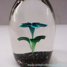 Load image into Gallery viewer, Vintage Strathearn Paperweight with Delicate Upright Pale Blue flower. Remnants of paper label &amp; S74 millefiori signature cane
