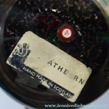 Load image into Gallery viewer, Vintage Strathearn Paperweight with Delicate Upright Pale Blue flower. Remnants of paper label &amp; S74 millefiori signature cane
