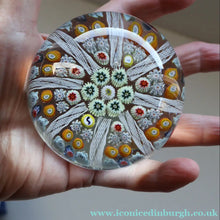 Load image into Gallery viewer, Scottish Strathearn Paperweight with Millefiori Canes and Latticino Eight Spokes. S and 71 Canes
