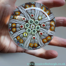 Load image into Gallery viewer, Scottish Strathearn Paperweight with Millefiori Canes and Latticino Eight Spokes. S and 71 Canes
