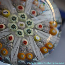 Load image into Gallery viewer, Scottish Strathearn Paperweight with Millefiori Canes and Latticino Eight Spokes. S and 71 Canes
