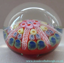 Load image into Gallery viewer, Collectable 1970s Scottish Glass Paperweight with 7 Spokes. Unusual Red Ground and Tutti Frutti Colours - Paperweight
