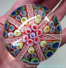 Load image into Gallery viewer, Collectable 1970s Scottish Glass Paperweight with 7 Spokes. Unusual Red Ground and Tutti Frutti Colours - Paperweight
