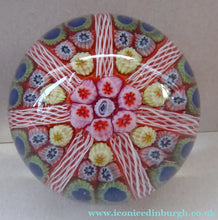 Load image into Gallery viewer, Collectable 1970s Scottish Glass Paperweight with 7 Spokes. Unusual Red Ground and Tutti Frutti Colours - Paperweight
