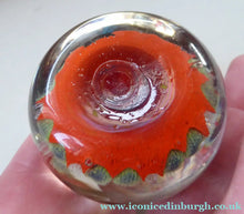 Load image into Gallery viewer, Collectable 1970s Scottish Glass Paperweight with 7 Spokes. Unusual Red Ground and Tutti Frutti Colours - Paperweight
