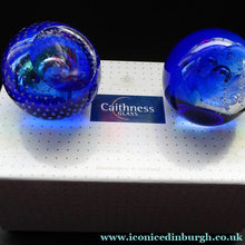 Load image into Gallery viewer, Boxed PAIR of Blue Glass Scottish Caithness Paperweights: Vintage Space Age Designs by COLIN TERRIS. Milky Way and Planetarium
