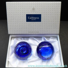Load image into Gallery viewer, Boxed PAIR of Blue Glass Scottish Caithness Paperweights: Vintage Space Age Designs by COLIN TERRIS. Milky Way and Planetarium
