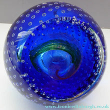 Load image into Gallery viewer, Boxed PAIR of Blue Glass Scottish Caithness Paperweights: Vintage Space Age Designs by COLIN TERRIS. Milky Way and Planetarium
