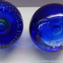 Load image into Gallery viewer, Boxed PAIR of Blue Glass Scottish Caithness Paperweights: Vintage Space Age Designs by COLIN TERRIS. Milky Way and Planetarium
