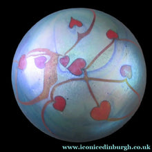 Load image into Gallery viewer, Vintage Iridescent Red Hearts Paperweight 1980s Okra Style
