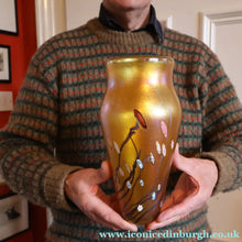 Load image into Gallery viewer, LARGE: Stunning 1980s SIGNED John Ditchfield Golden Yellow Iridescent Glass Vase with Millefiori Canes. 9 1/2 inches
