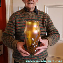 Load image into Gallery viewer, LARGE: Stunning 1980s SIGNED John Ditchfield Golden Yellow Iridescent Glass Vase with Millefiori Canes. 9 1/2 inches
