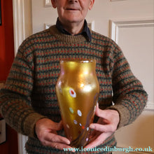 Load image into Gallery viewer, LARGE: Stunning 1980s SIGNED John Ditchfield Golden Yellow Iridescent Glass Vase with Millefiori Canes. 9 1/2 inches
