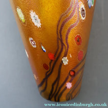 Load image into Gallery viewer, LARGE: Stunning 1980s SIGNED John Ditchfield Golden Yellow Iridescent Glass Vase with Millefiori Canes. 9 1/2 inches
