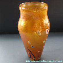 Load image into Gallery viewer, LARGE: Stunning 1980s SIGNED John Ditchfield Golden Yellow Iridescent Glass Vase with Millefiori Canes. 9 1/2 inches
