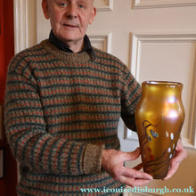 Load image into Gallery viewer, LARGE: Stunning 1980s SIGNED John Ditchfield Golden Yellow Iridescent Glass Vase with Millefiori Canes. 9 1/2 inches
