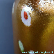 Load image into Gallery viewer, LARGE: Stunning 1980s SIGNED John Ditchfield Golden Yellow Iridescent Glass Vase with Millefiori Canes. 9 1/2 inches
