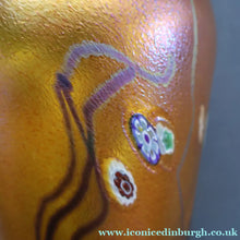 Load image into Gallery viewer, LARGE: Stunning 1980s SIGNED John Ditchfield Golden Yellow Iridescent Glass Vase with Millefiori Canes. 9 1/2 inches
