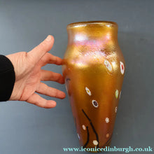 Load image into Gallery viewer, LARGE: Stunning 1980s SIGNED John Ditchfield Golden Yellow Iridescent Glass Vase with Millefiori Canes. 9 1/2 inches
