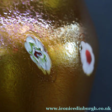 Load image into Gallery viewer, LARGE: Stunning 1980s SIGNED John Ditchfield Golden Yellow Iridescent Glass Vase with Millefiori Canes. 9 1/2 inches
