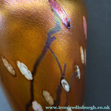Load image into Gallery viewer, LARGE: Stunning 1980s SIGNED John Ditchfield Golden Yellow Iridescent Glass Vase with Millefiori Canes. 9 1/2 inches
