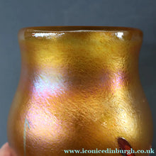 Load image into Gallery viewer, LARGE: Stunning 1980s SIGNED John Ditchfield Golden Yellow Iridescent Glass Vase with Millefiori Canes. 9 1/2 inches
