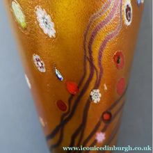 Load image into Gallery viewer, LARGE: Stunning 1980s SIGNED John Ditchfield Golden Yellow Iridescent Glass Vase with Millefiori Canes. 9 1/2 inches
