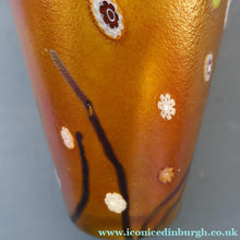 Load image into Gallery viewer, LARGE: Stunning 1980s SIGNED John Ditchfield Golden Yellow Iridescent Glass Vase with Millefiori Canes. 9 1/2 inches
