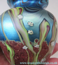 Load image into Gallery viewer, Vintage OKRA Glass Vase with Lustres, Peacock Trails and Tiny White Flowers
