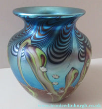 Load image into Gallery viewer, Vintage OKRA Glass Vase with Lustres, Peacock Trails and Tiny White Flowers
