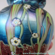 Load image into Gallery viewer, Vintage OKRA Glass Vase with Lustres, Peacock Trails and Tiny White Flowers
