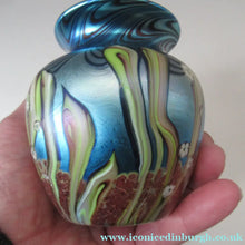 Load image into Gallery viewer, Vintage OKRA Glass Vase with Lustres, Peacock Trails and Tiny White Flowers
