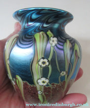 Load image into Gallery viewer, Vintage OKRA Glass Vase with Lustres, Peacock Trails and Tiny White Flowers
