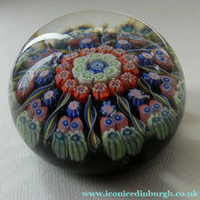 Load image into Gallery viewer, Scottish PERTHSHIRE Paperweight. Dark Black Ground. 10 Half Spokes &amp; Millefiori Canes
