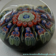 Load image into Gallery viewer, Scottish PERTHSHIRE Paperweight. Dark Black Ground. 10 Half Spokes &amp; Millefiori Canes

