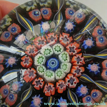 Load image into Gallery viewer, Scottish PERTHSHIRE Paperweight. Dark Black Ground. 10 Half Spokes &amp; Millefiori Canes
