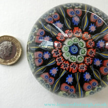 Load image into Gallery viewer, Scottish PERTHSHIRE Paperweight. Dark Black Ground. 10 Half Spokes &amp; Millefiori Canes
