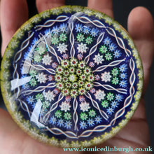Load image into Gallery viewer, 1980s Perthshire Glass Paperweight. Large with Dark Blue Ground Ten Spokes &amp; Millefiori Canes - Paperweight
