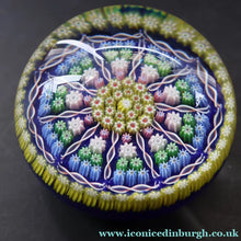 Load image into Gallery viewer, 1980s Perthshire Glass Paperweight. Large with Dark Blue Ground Ten Spokes &amp; Millefiori Canes - Paperweight
