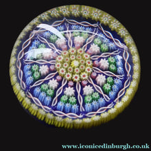 Load image into Gallery viewer, 1980s Perthshire Glass Paperweight. Large with Dark Blue Ground Ten Spokes &amp; Millefiori Canes - Paperweight
